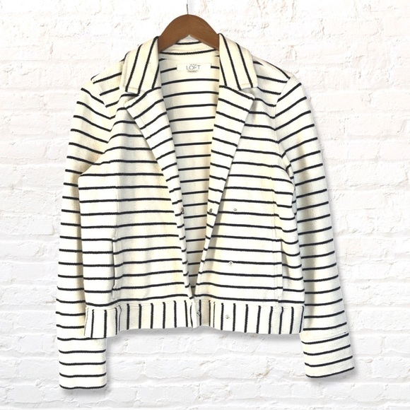 Loft Ann Taylor Snap Button Blazer Jacket Size Medium Striped White Navy Cotton - Picture 3 of 9